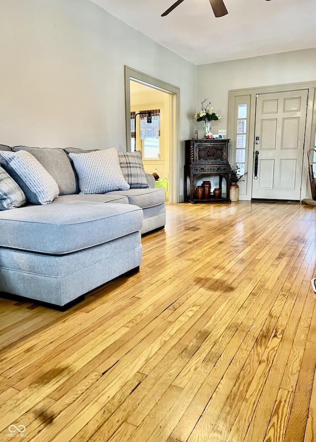 living room featuring light hardwood / wood-style flooring and ceiling fan