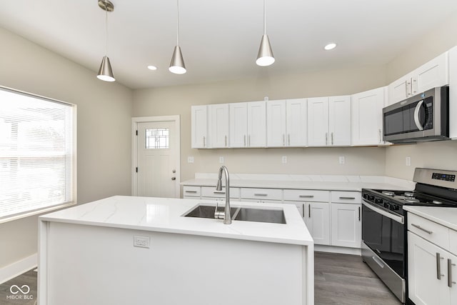 kitchen featuring appliances with stainless steel finishes, sink, a wealth of natural light, and a kitchen island with sink