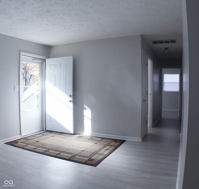 foyer entrance featuring wood-type flooring and a textured ceiling