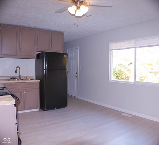 kitchen with light hardwood / wood-style floors, sink, ceiling fan, and black refrigerator