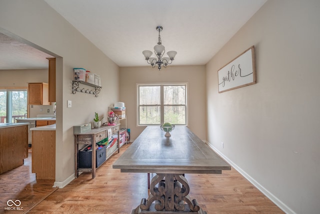 dining room with light hardwood / wood-style floors, a healthy amount of sunlight, and a chandelier