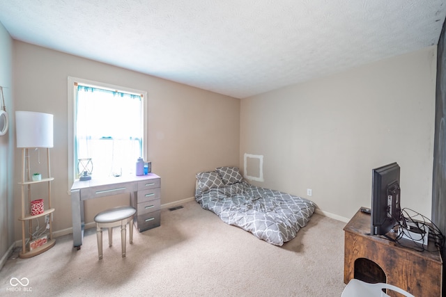 bedroom with carpet and a textured ceiling