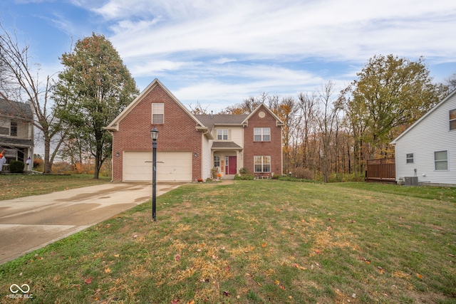 view of front of home featuring a garage, a front lawn, and central AC unit