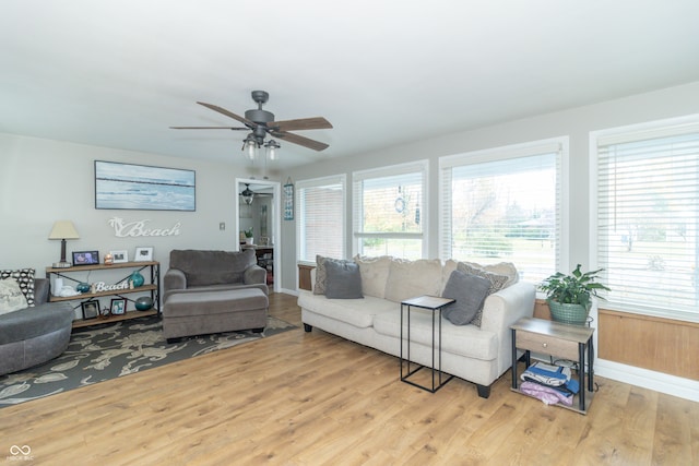 living room featuring ceiling fan and light hardwood / wood-style flooring