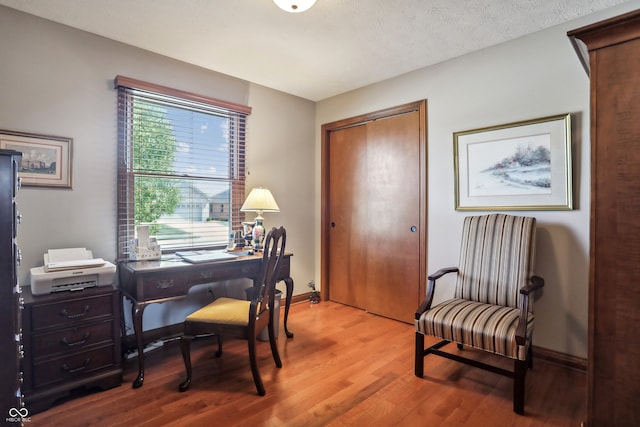 office space featuring hardwood / wood-style floors and a textured ceiling