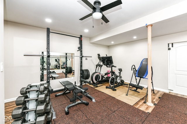 workout area featuring ceiling fan