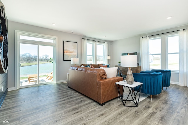 living room with a water view, light hardwood / wood-style floors, and a healthy amount of sunlight