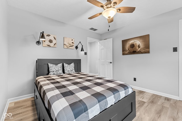 bedroom featuring ceiling fan and light wood-type flooring