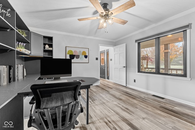 office featuring ceiling fan, crown molding, and light hardwood / wood-style flooring