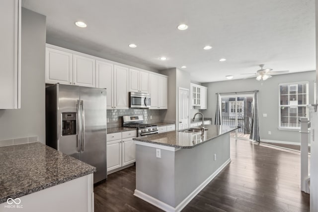 kitchen with white cabinetry, stainless steel appliances, dark wood-type flooring, and sink