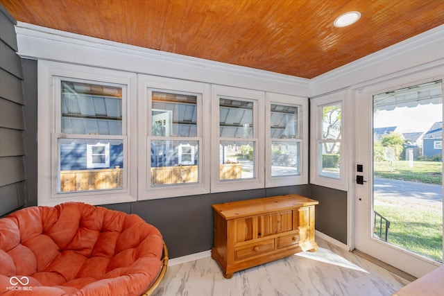 sunroom featuring wood ceiling