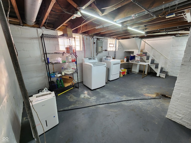 basement with electric panel and independent washer and dryer