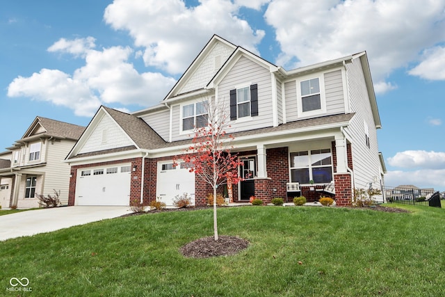 craftsman inspired home featuring covered porch and a front lawn