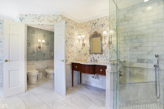 2505 Riverside Dr, Columbus, IN 47201 - full bath featuring a bidet, a stall shower, a wainscoted wall, crown molding, and wallpapered walls