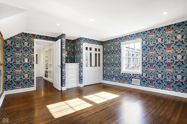 2505 Riverside Dr, Columbus, IN 47201 - unfurnished room featuring wallpapered walls, wood finished floors, baseboards, ornamental molding, and recessed lighting