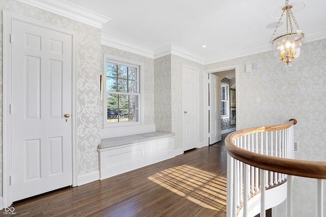 hall with an inviting chandelier, dark wood-type flooring, and ornamental molding