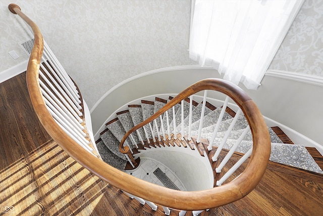 2505 Riverside Dr, Columbus, IN 47201 - staircase featuring baseboards and wallpapered walls