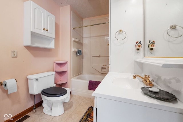 full bathroom featuring shower / tub combination, vanity, a textured ceiling, tile patterned floors, and toilet