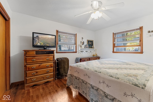 bedroom featuring a closet, ceiling fan, and dark hardwood / wood-style flooring