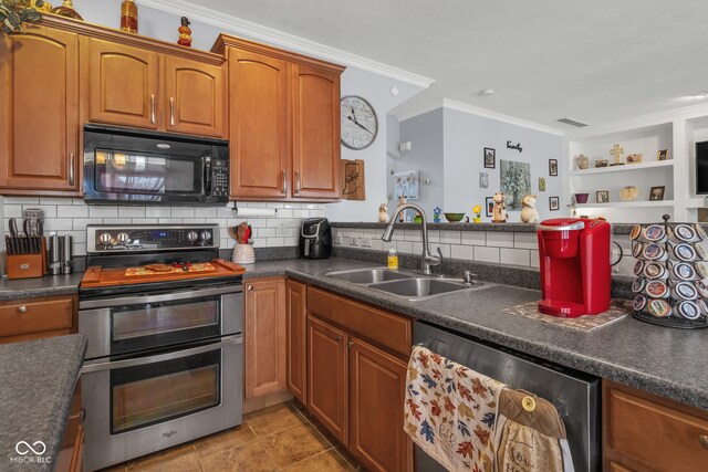 kitchen featuring stainless steel appliances, ornamental molding, sink, light tile patterned flooring, and tasteful backsplash