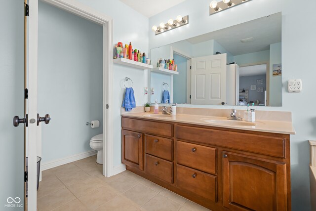 bathroom featuring vanity, toilet, and tile patterned flooring