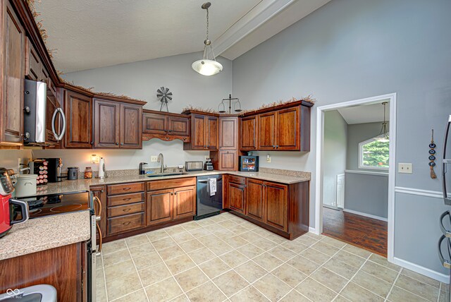 kitchen featuring sink, vaulted ceiling, decorative light fixtures, appliances with stainless steel finishes, and light hardwood / wood-style floors