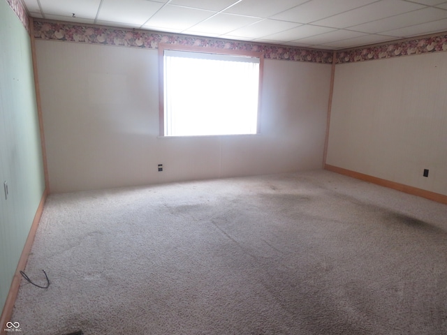 carpeted spare room with a paneled ceiling