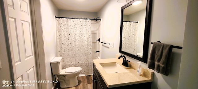 bathroom featuring vanity, curtained shower, wood-type flooring, and toilet