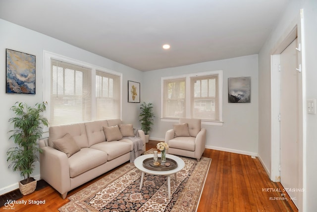 living room featuring wood-type flooring and a wealth of natural light