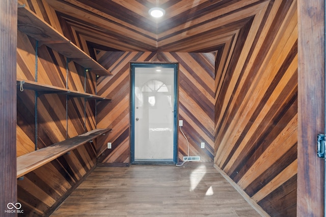 entrance foyer featuring wood walls and dark hardwood / wood-style flooring