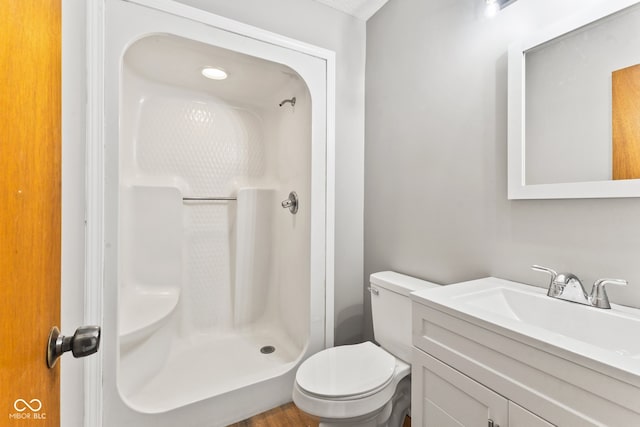 bathroom with vanity, walk in shower, and toilet