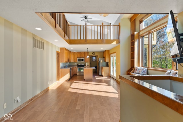 kitchen with appliances with stainless steel finishes, a textured ceiling, hanging light fixtures, ceiling fan, and light hardwood / wood-style flooring