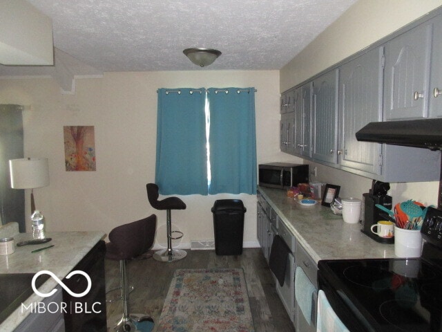 kitchen with black electric range, a textured ceiling, dark hardwood / wood-style floors, and gray cabinets