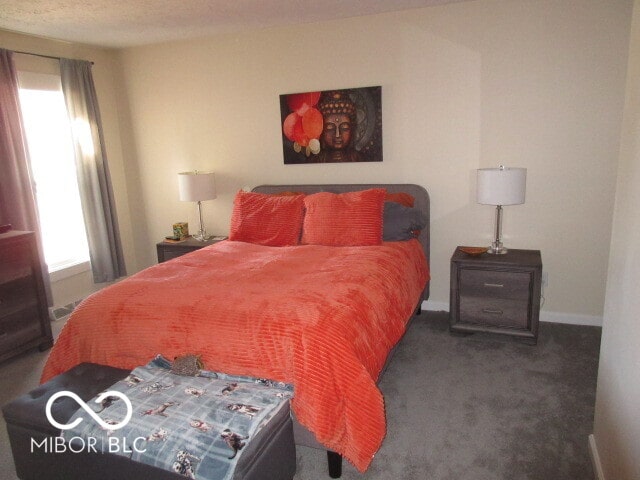 bedroom featuring dark carpet and multiple windows