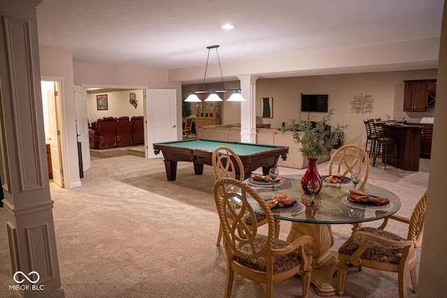 playroom featuring pool table, light carpet, and ornate columns