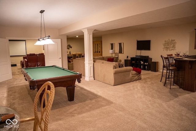 playroom featuring billiards, bar, light carpet, and decorative columns