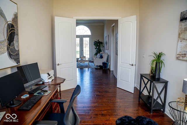 office area featuring ornamental molding and dark hardwood / wood-style floors