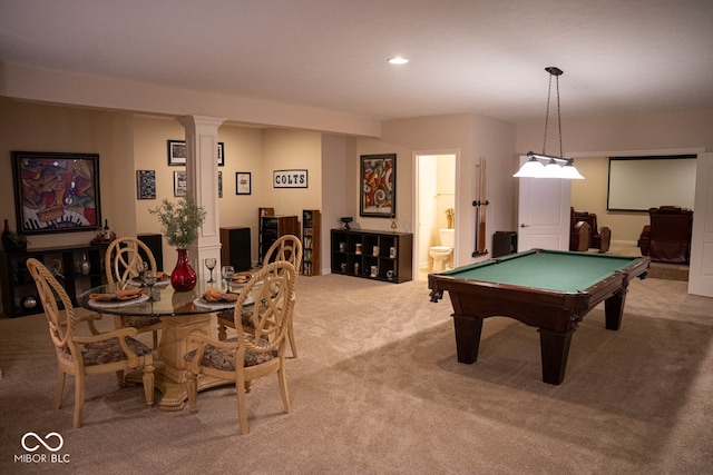 playroom featuring pool table, decorative columns, and carpet floors