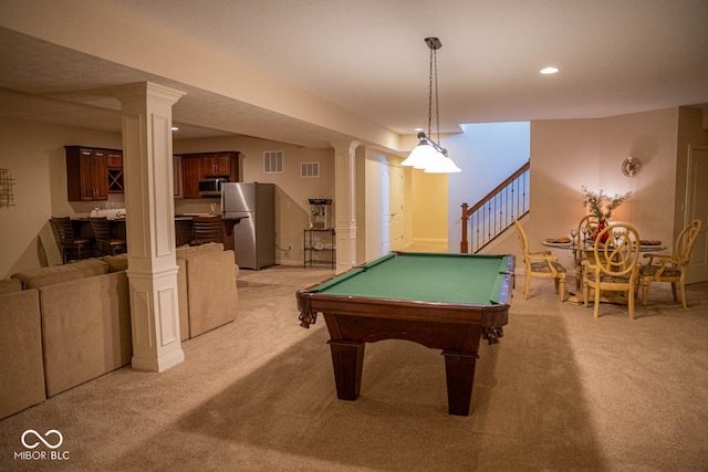 game room with billiards and light colored carpet