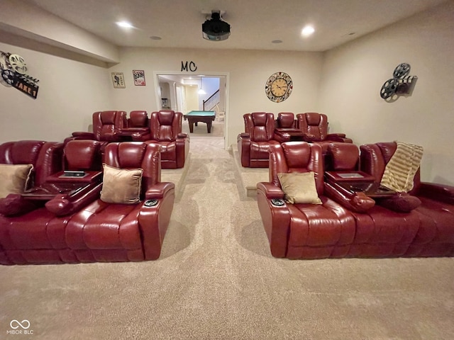 carpeted cinema room featuring billiards