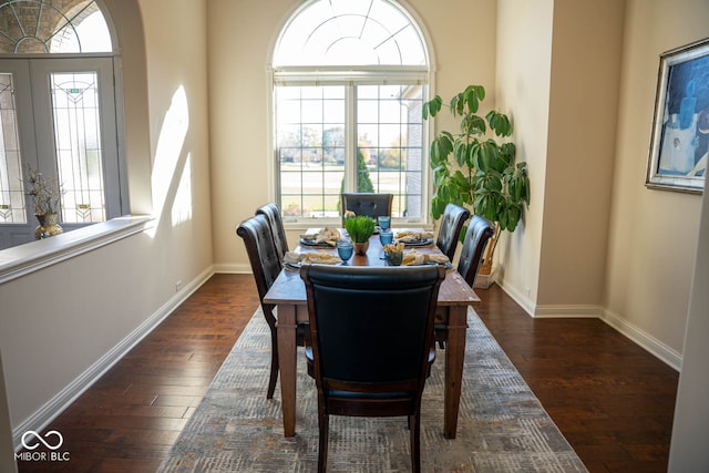 dining area with french doors, a healthy amount of sunlight, and dark hardwood / wood-style flooring