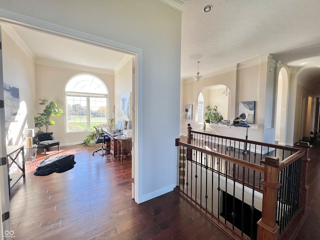 hall with dark wood-type flooring and ornamental molding