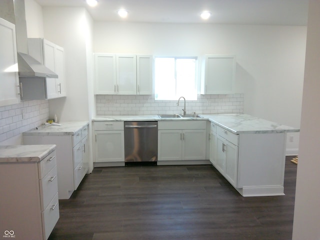 kitchen with white cabinets, dishwasher, sink, and dark wood-type flooring