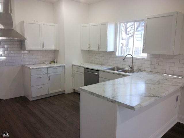 kitchen featuring white cabinets, sink, wall chimney exhaust hood, and stainless steel dishwasher