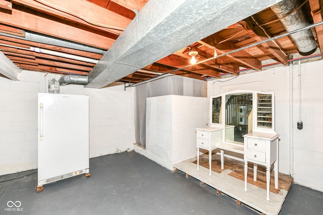 basement with white fridge