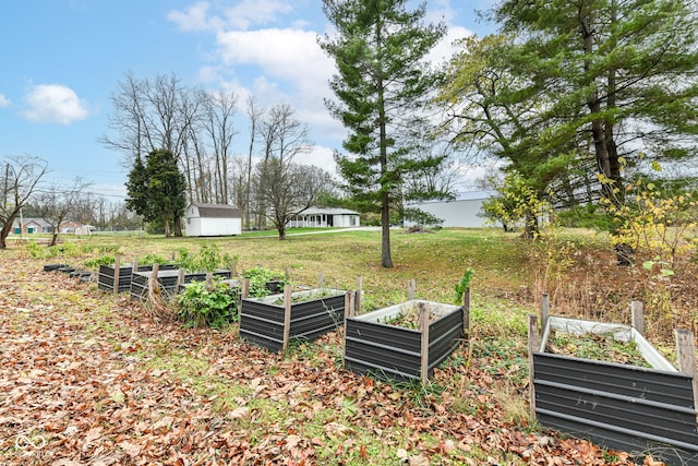 view of community featuring a yard and a storage unit