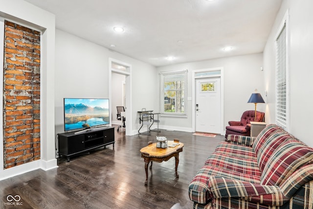 living room with dark hardwood / wood-style floors