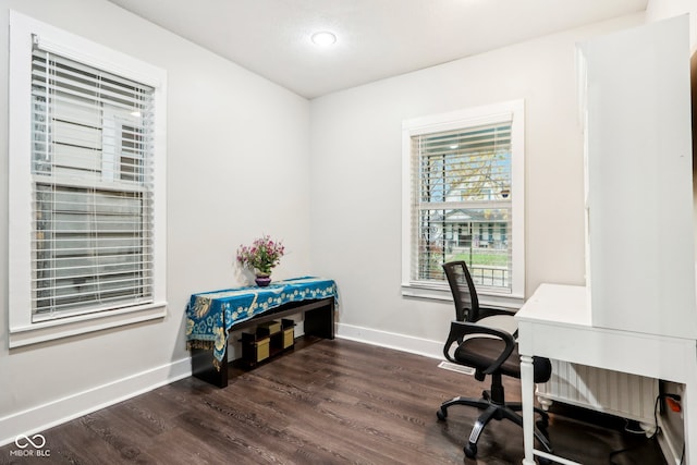 home office featuring dark hardwood / wood-style flooring