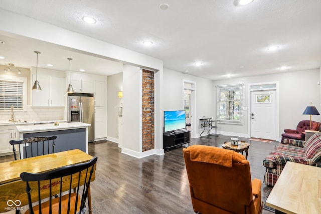 living room with dark wood-type flooring and sink