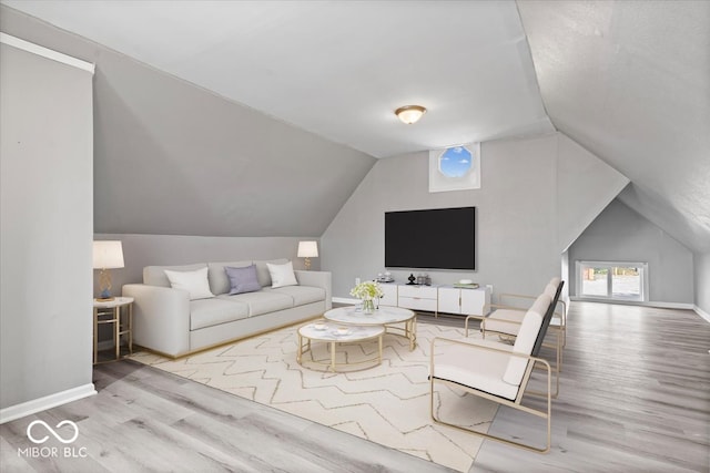 living room featuring vaulted ceiling and light hardwood / wood-style floors